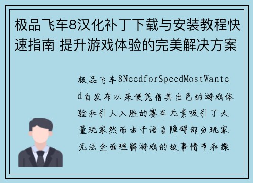 极品飞车8汉化补丁下载与安装教程快速指南 提升游戏体验的完美解决方案