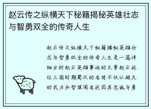 赵云传之纵横天下秘籍揭秘英雄壮志与智勇双全的传奇人生