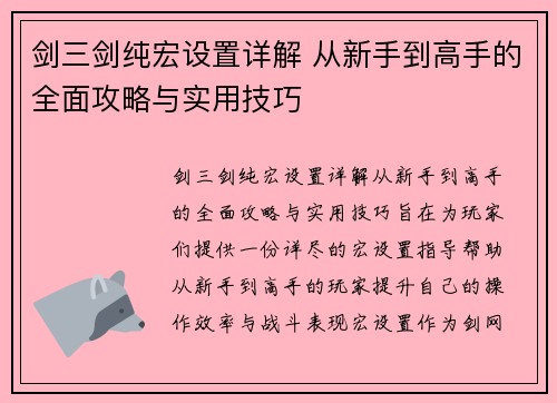 剑三剑纯宏设置详解 从新手到高手的全面攻略与实用技巧
